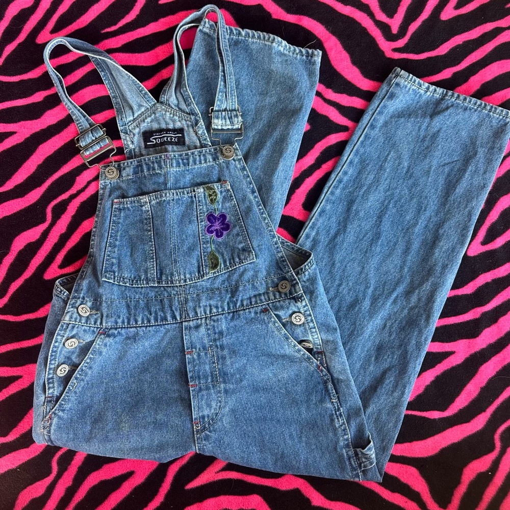 Y2K/90s Blue Denim Overalls with Embroidered Floral Details